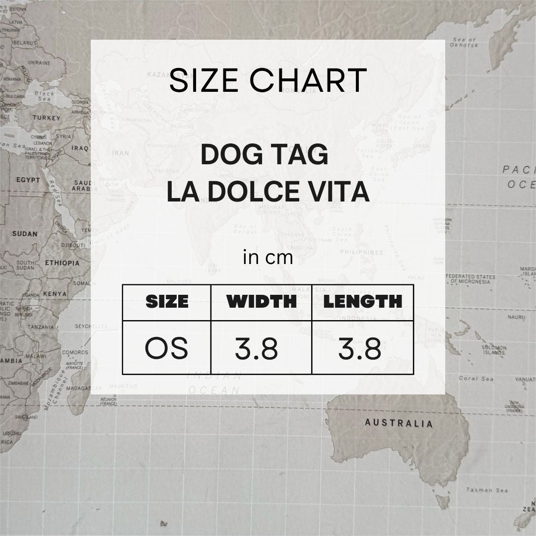 Sizing chart for the dog tag in cm.