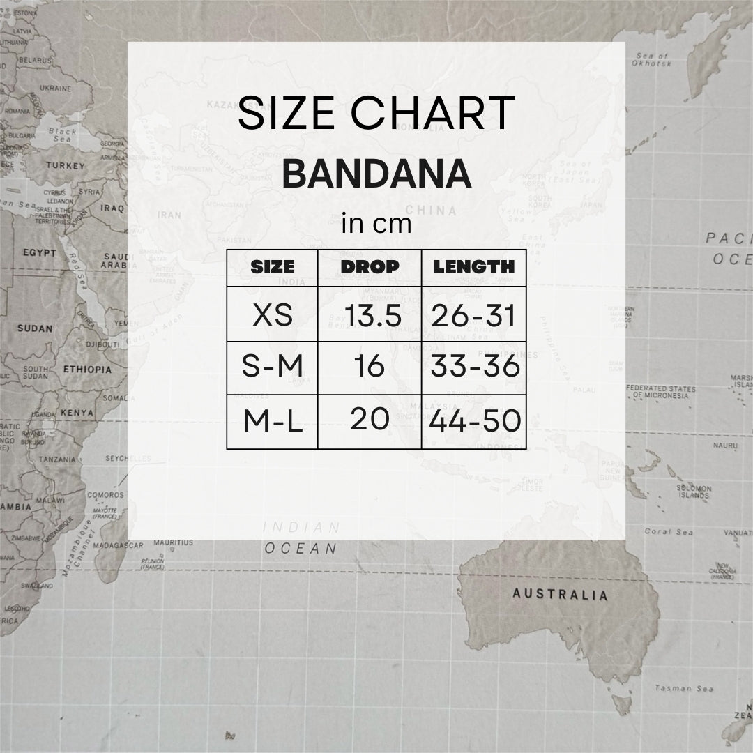 Size chart for dog bandanas on a world map background.
