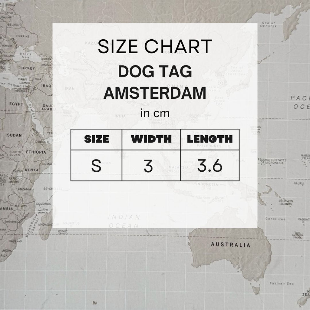 Size chart for 'Dog Tag Amsterdam' on a map background.
