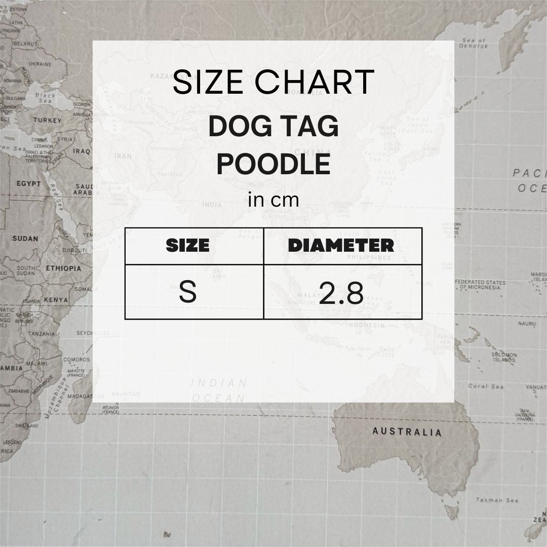 Size chart for personalised poodle dog tag small by Bruno Amsterdam
