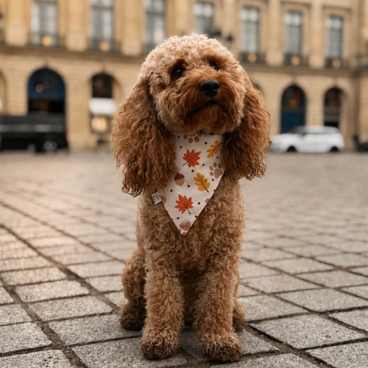 A small brown curly-haired dog sits on a stone plaza wearing a cream bandana with an autumn leaf pattern, with a blurred city building in the background.