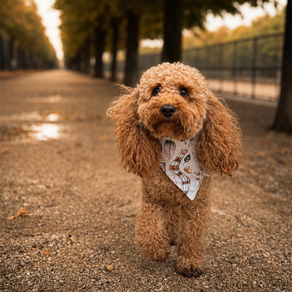 A small curly-haired brown dog stands on a gravel path outdoors, wearing a white bandana with a black and orange musical note pattern. Trees line the path in the background, and the scene is softly blurred.