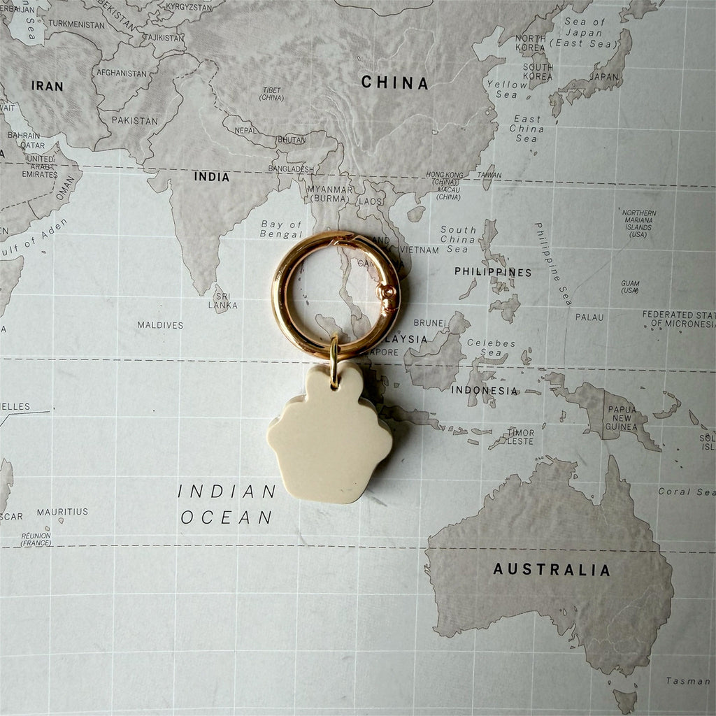 Back side of the dog tag shaped as a cupcake on a world map background.