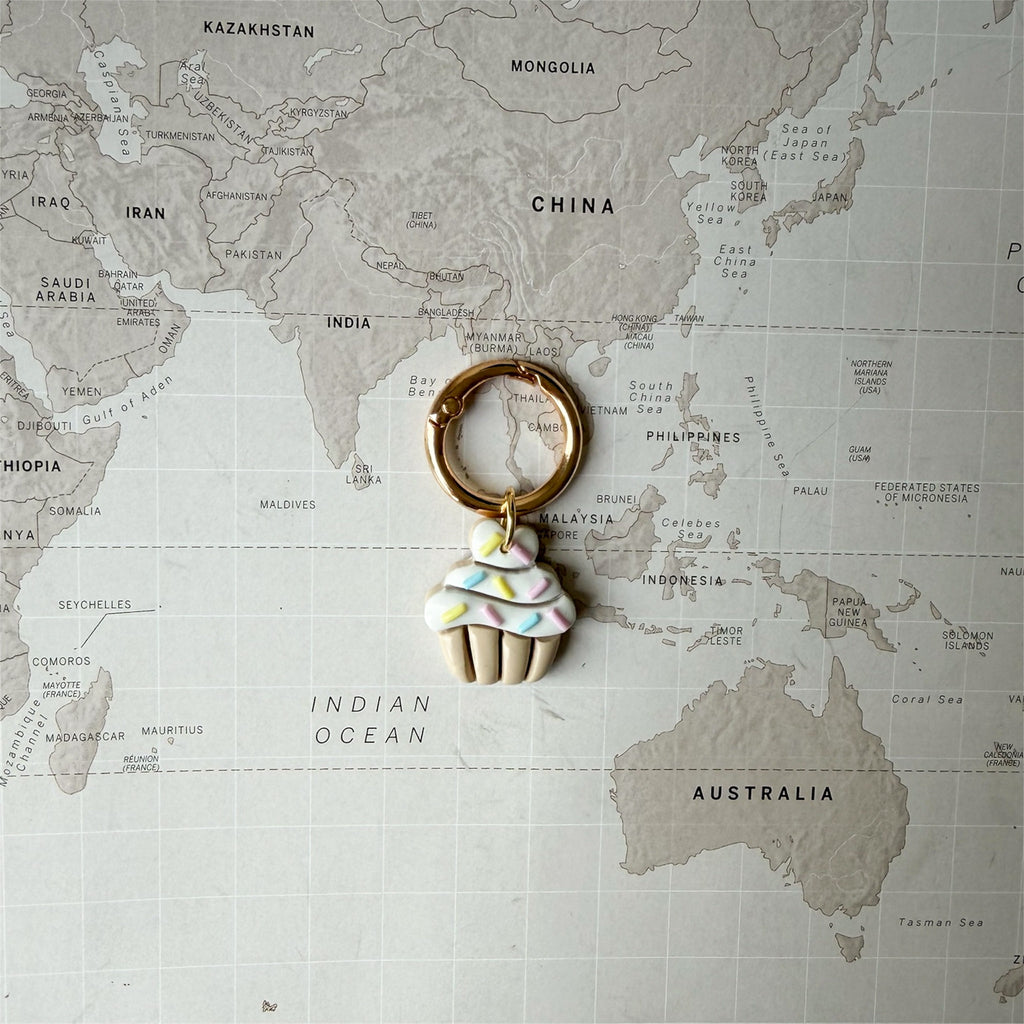 Dog tag shaped as a cupcake on a world map background.