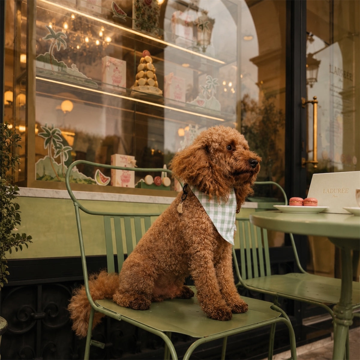 Red poodle wearing the Green gingham dog bandana and sitting in a café.