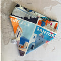 Colorful bandana with Greek city-themed designs on a map background.