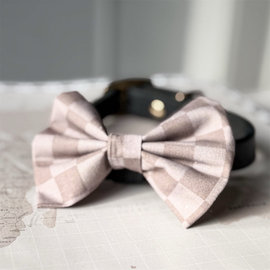 A brown and beige gingham dog check bow tie styled on a black leather collar, placed on a light-colored map surface.