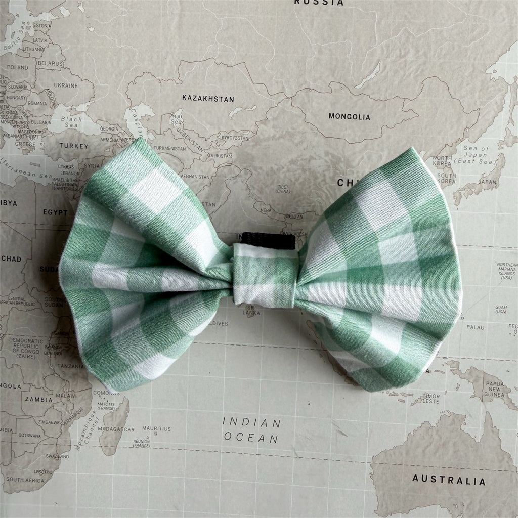A green and white gingham dog bow tie resting on a vintage-style world map.