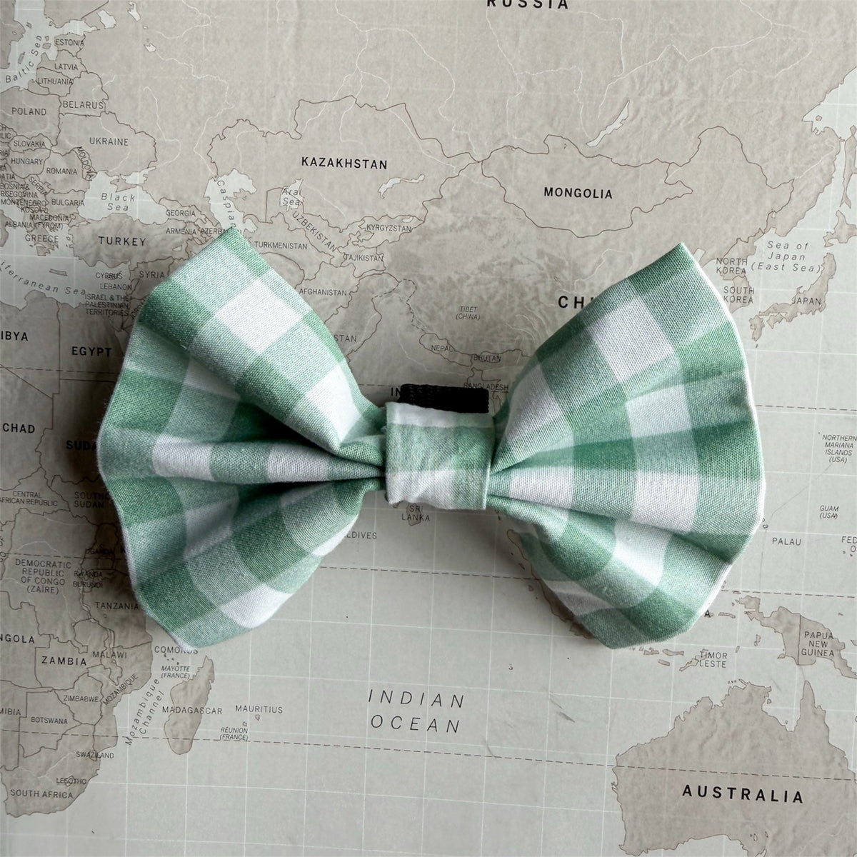 A green and white gingham dog bow tie resting on a vintage-style world map.