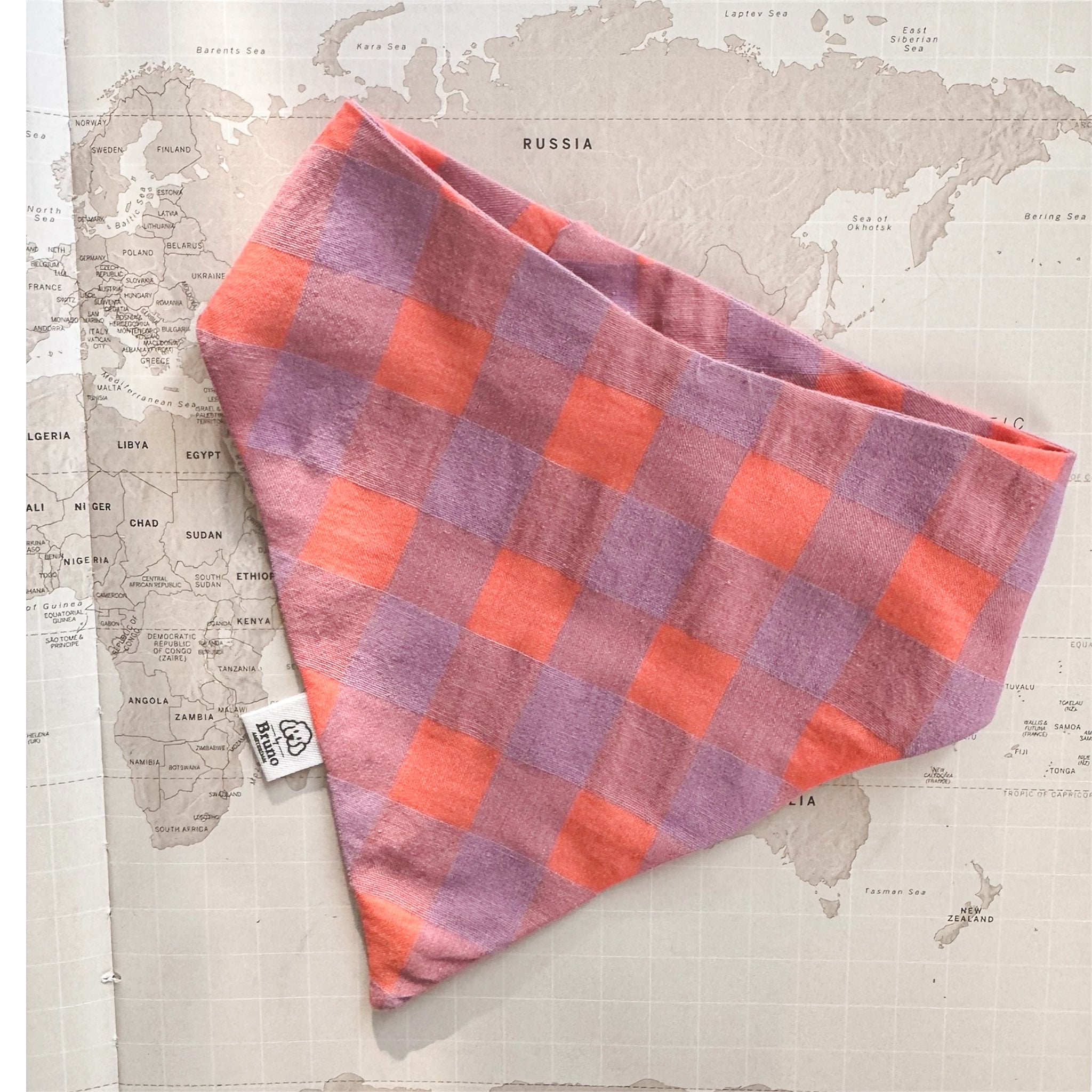 Chequered dog bandana in coral and purple on a world map background