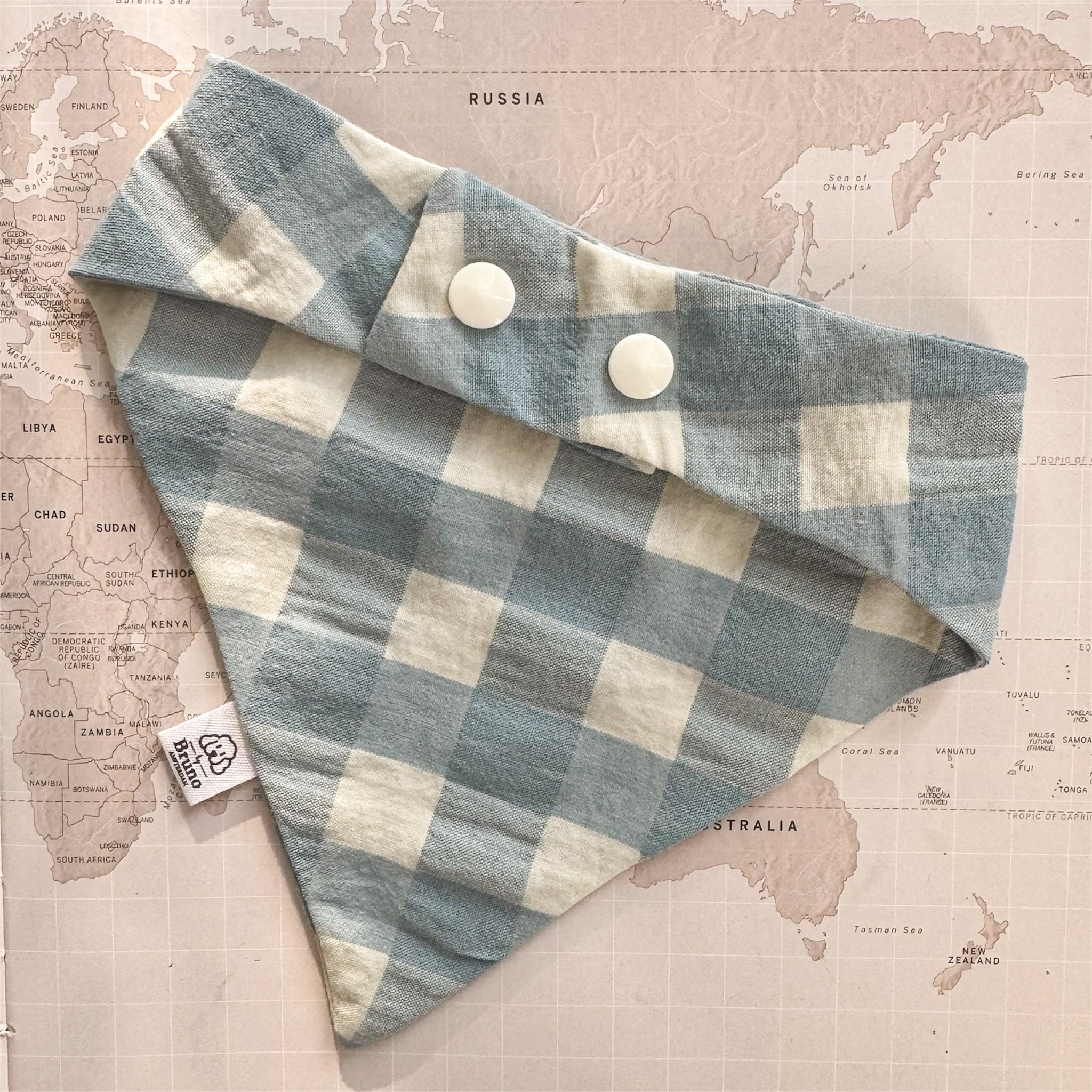 Blue and beige checkered dog bandana with buttons on a world map background
