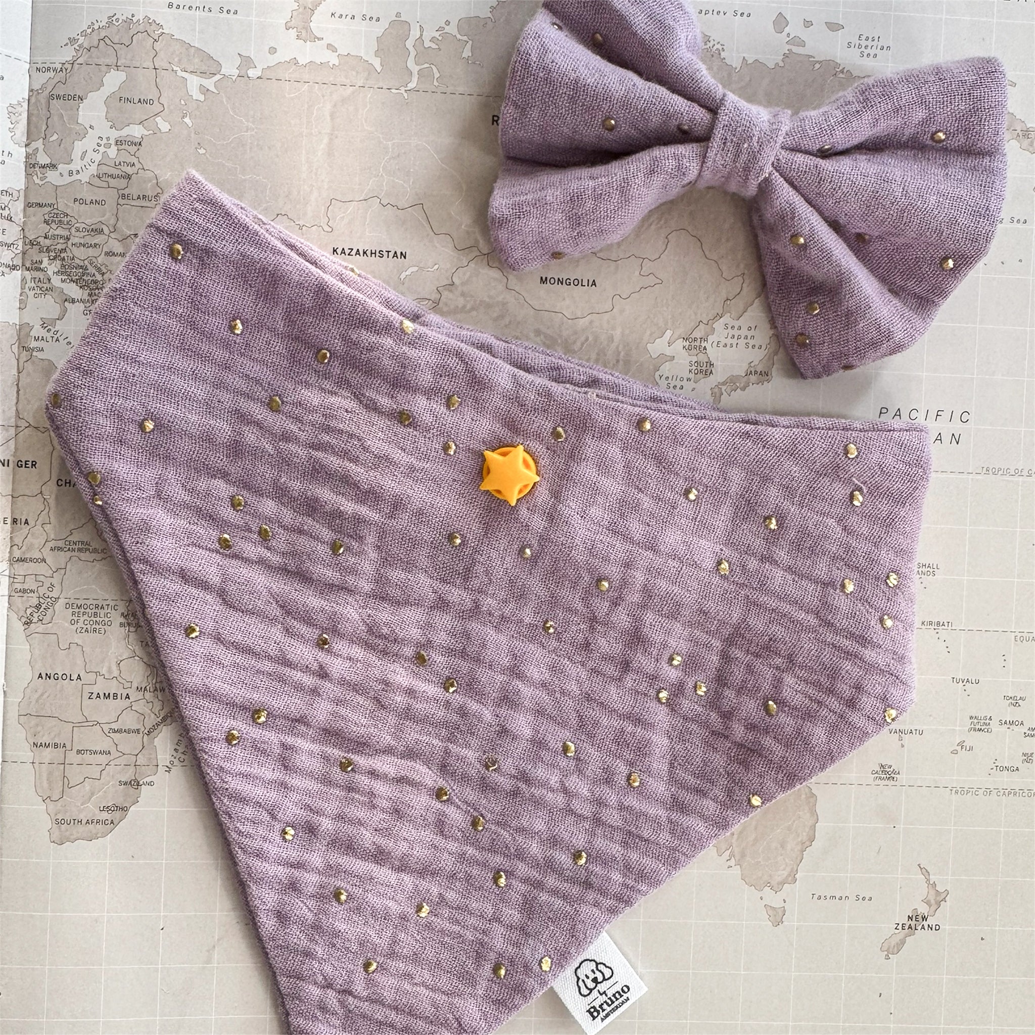 Purple dog bandana with gold studs and matching bow on a world map background
