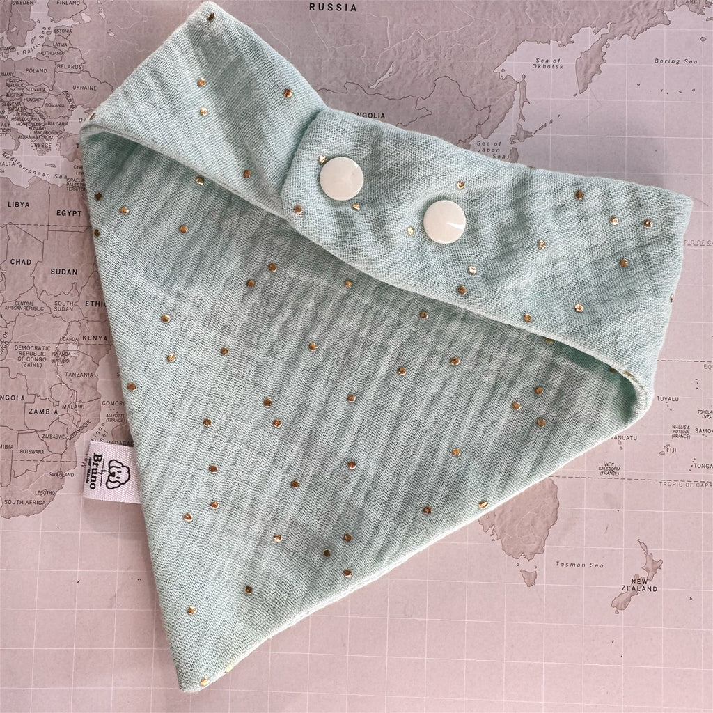 Mint dog bandana with gold studs and buttons on a world map background.
