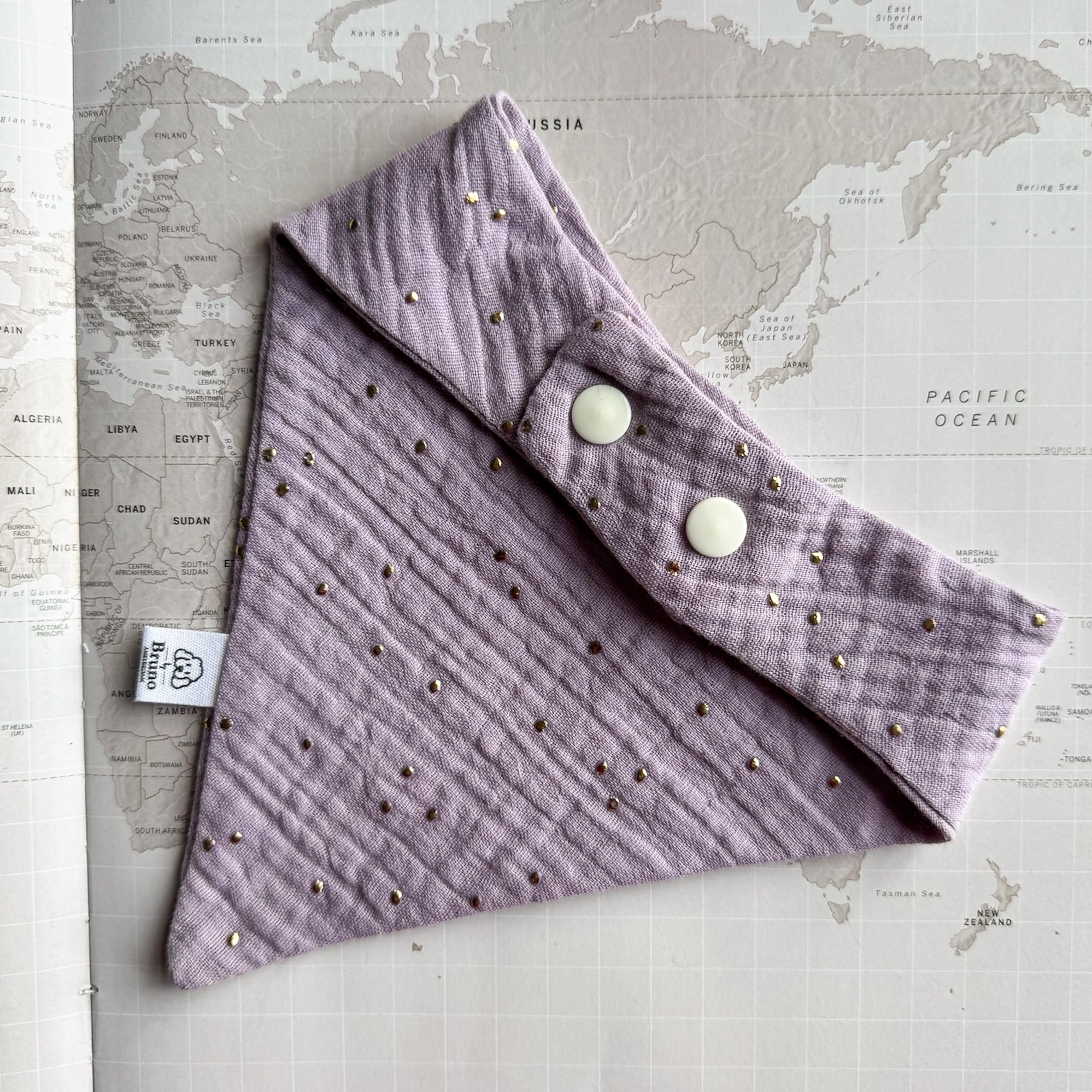 Purple dog bandana with gold studs and buttons on a world map background.

