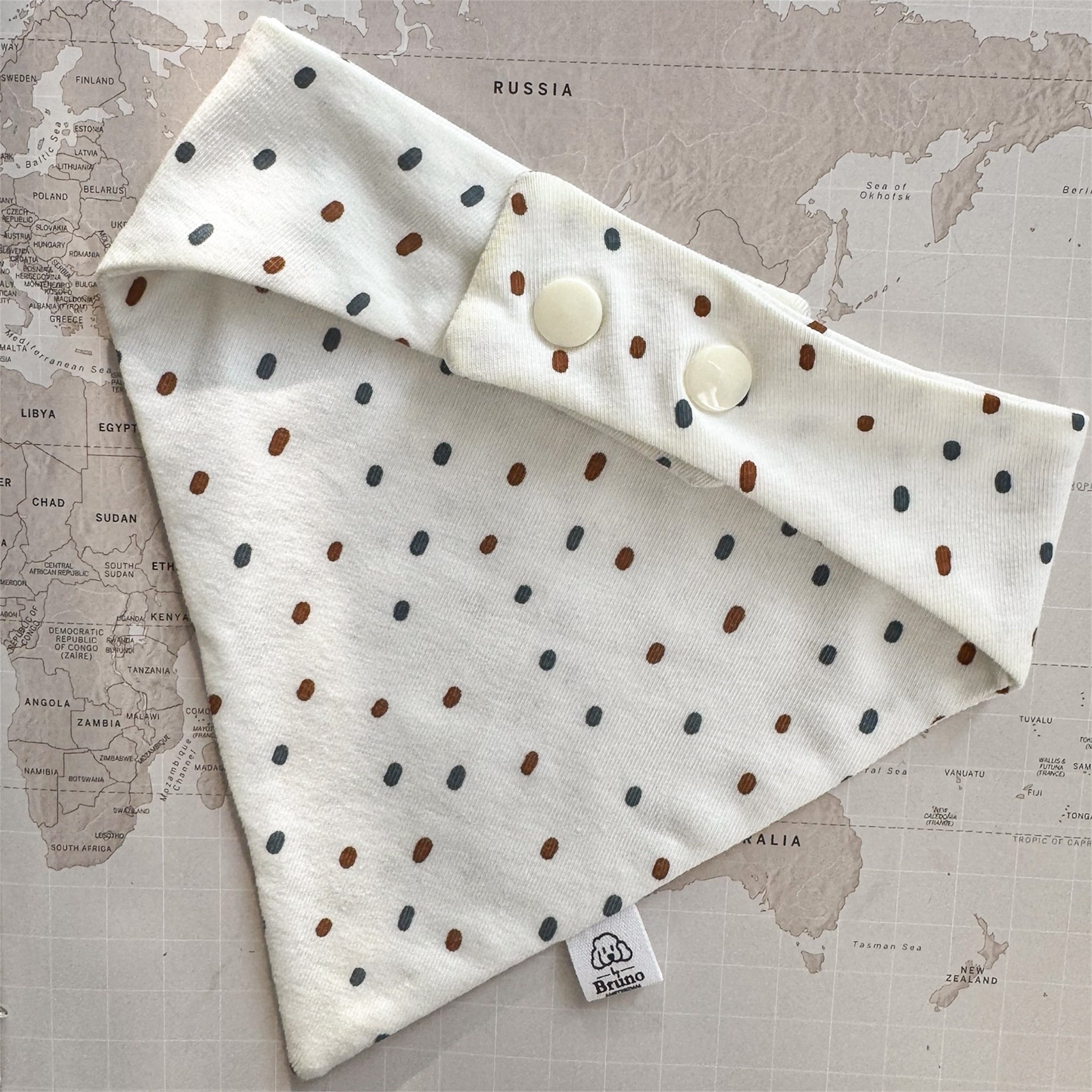 Back side of the white dog bandana with pearl buttons on a world map background.