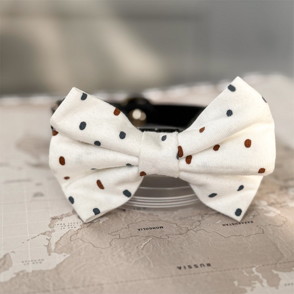 White dog bow with brown and blue polka dots on a world map background.

