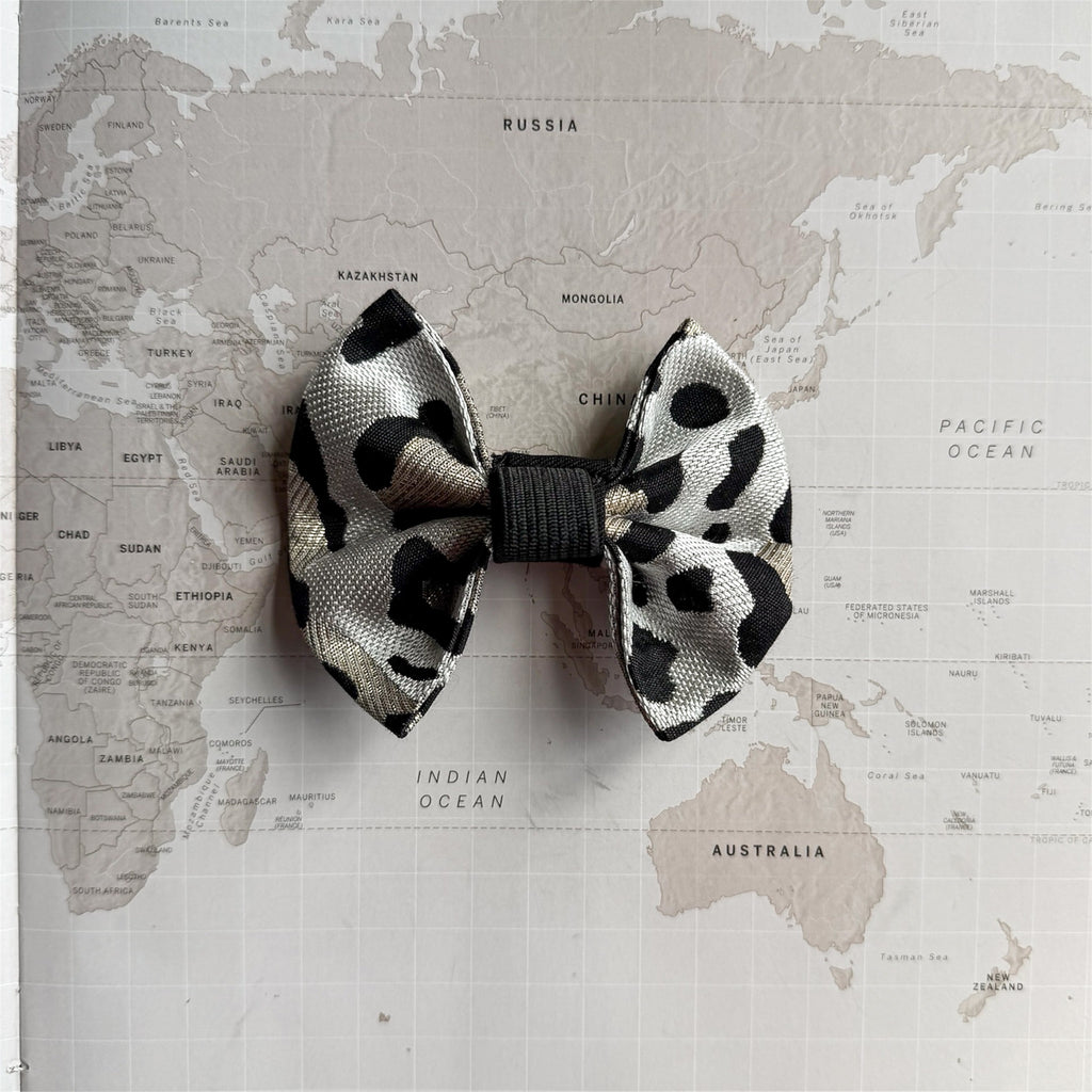 Leopard dog bow with elastic loop on a world map background.