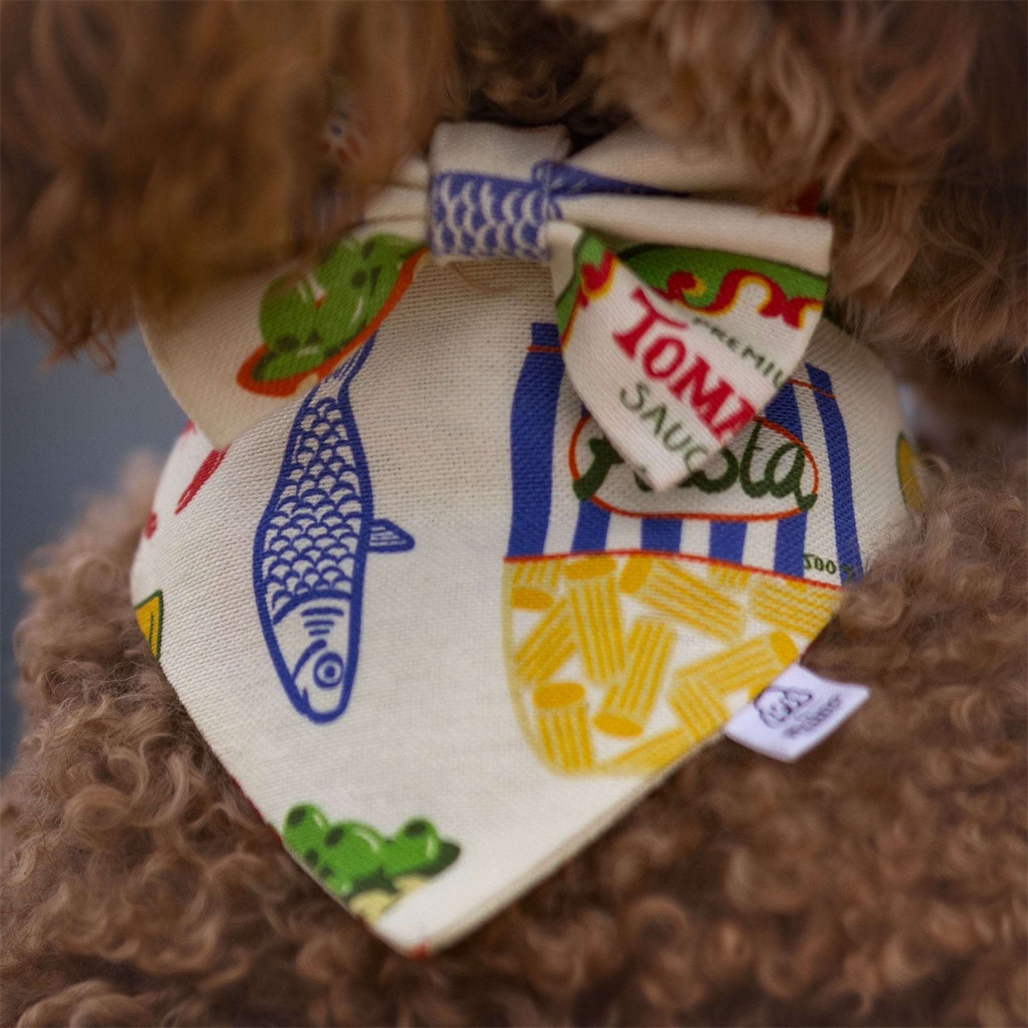 A close-up of a red poodle wearing a the Ristorante al Mare dog bandana and bow on the beach.
