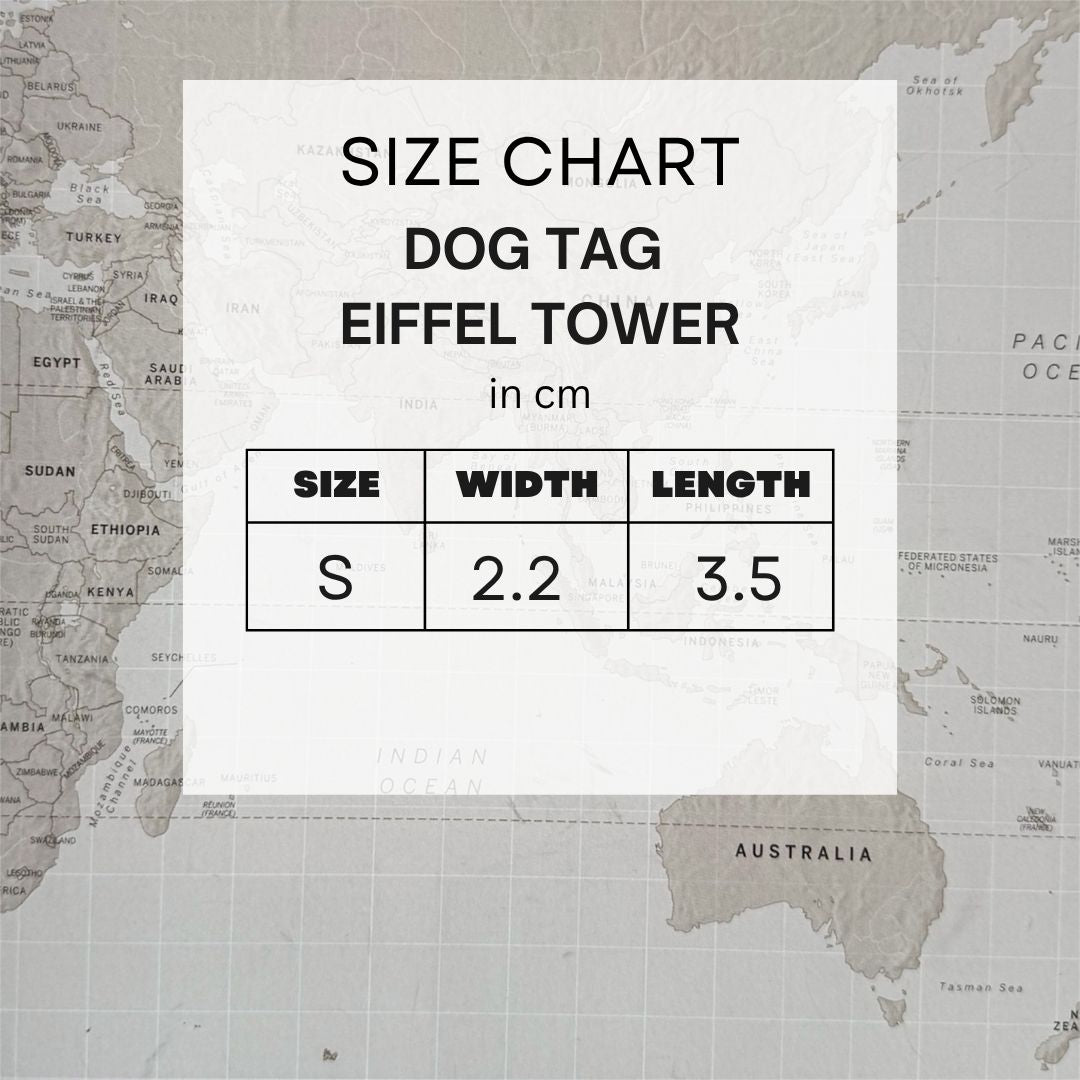 Size chart for Eiffel Tower dog tag dimensions on a map background.