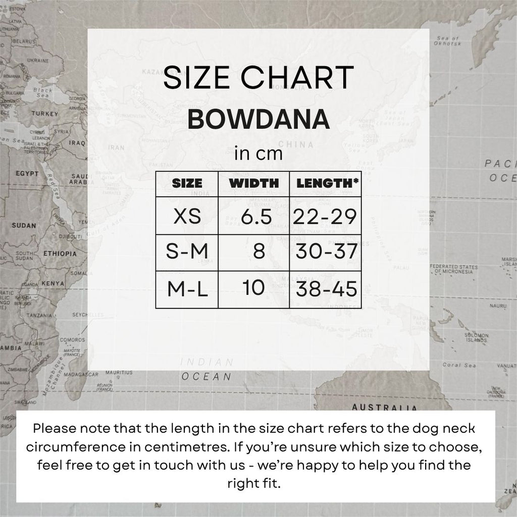 Size chart for Bowdanas in cm.