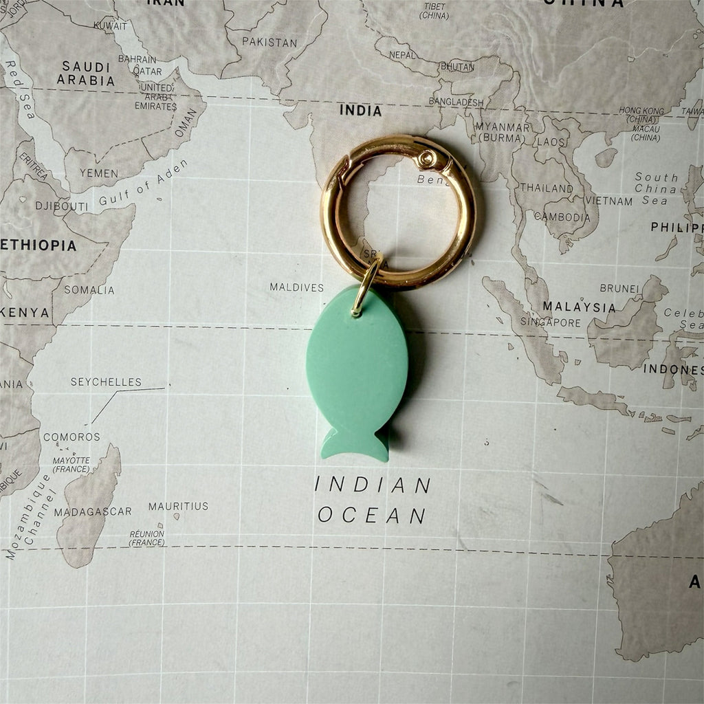 Back side of the custom polymer clay dog tag with playful green sardine design on a world map background.