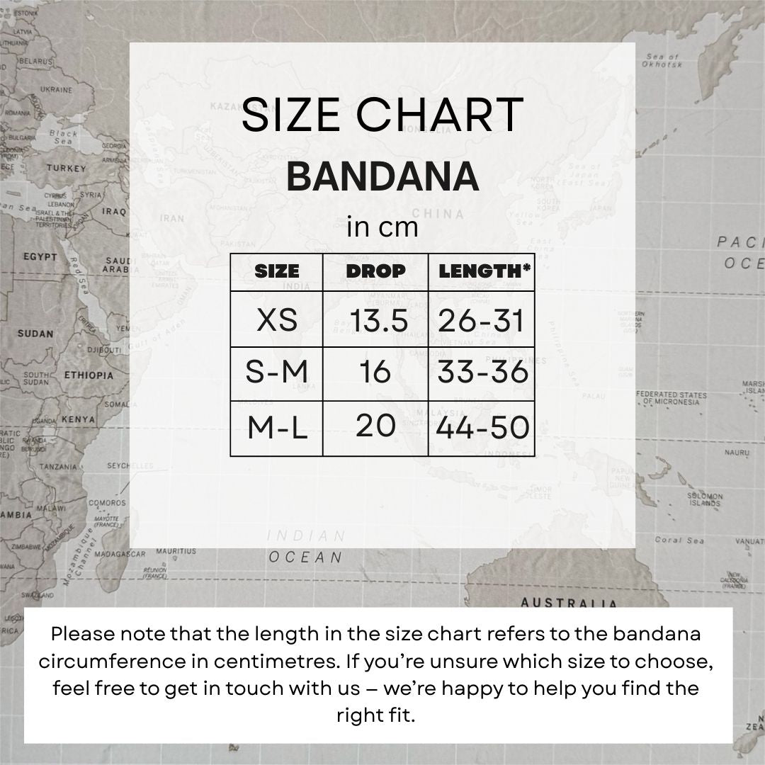 Size chart for dog bandanas on a map background.