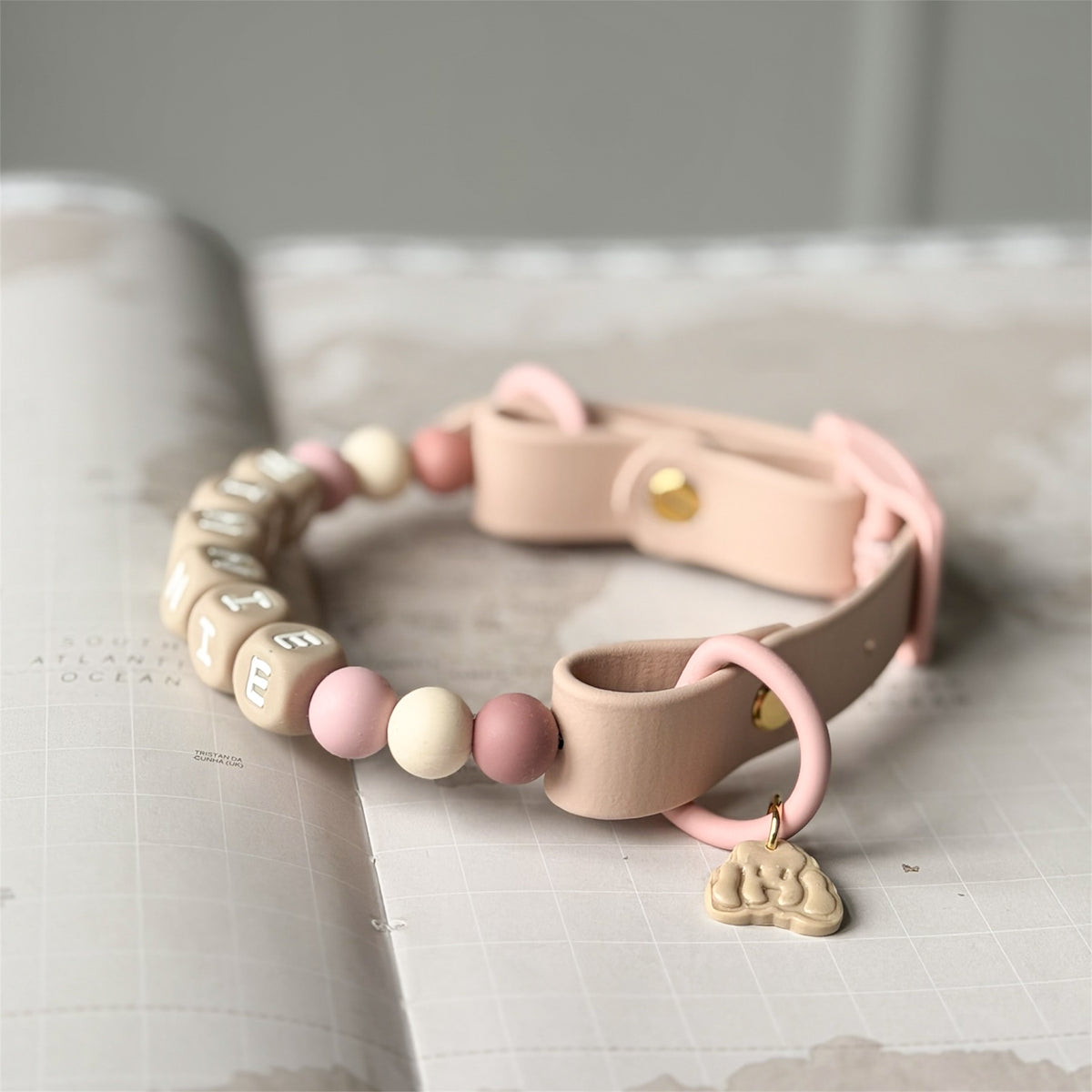 Personalised dog collar with silicone beads indue and pink tones on a world map background.
