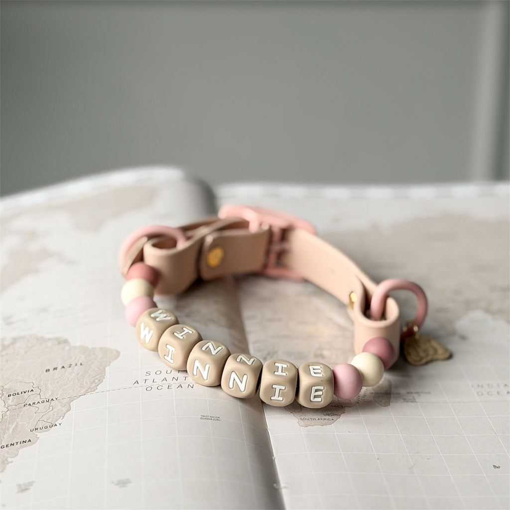 Personalised dog collar with silicone beads indue and pink tones on a world map background.