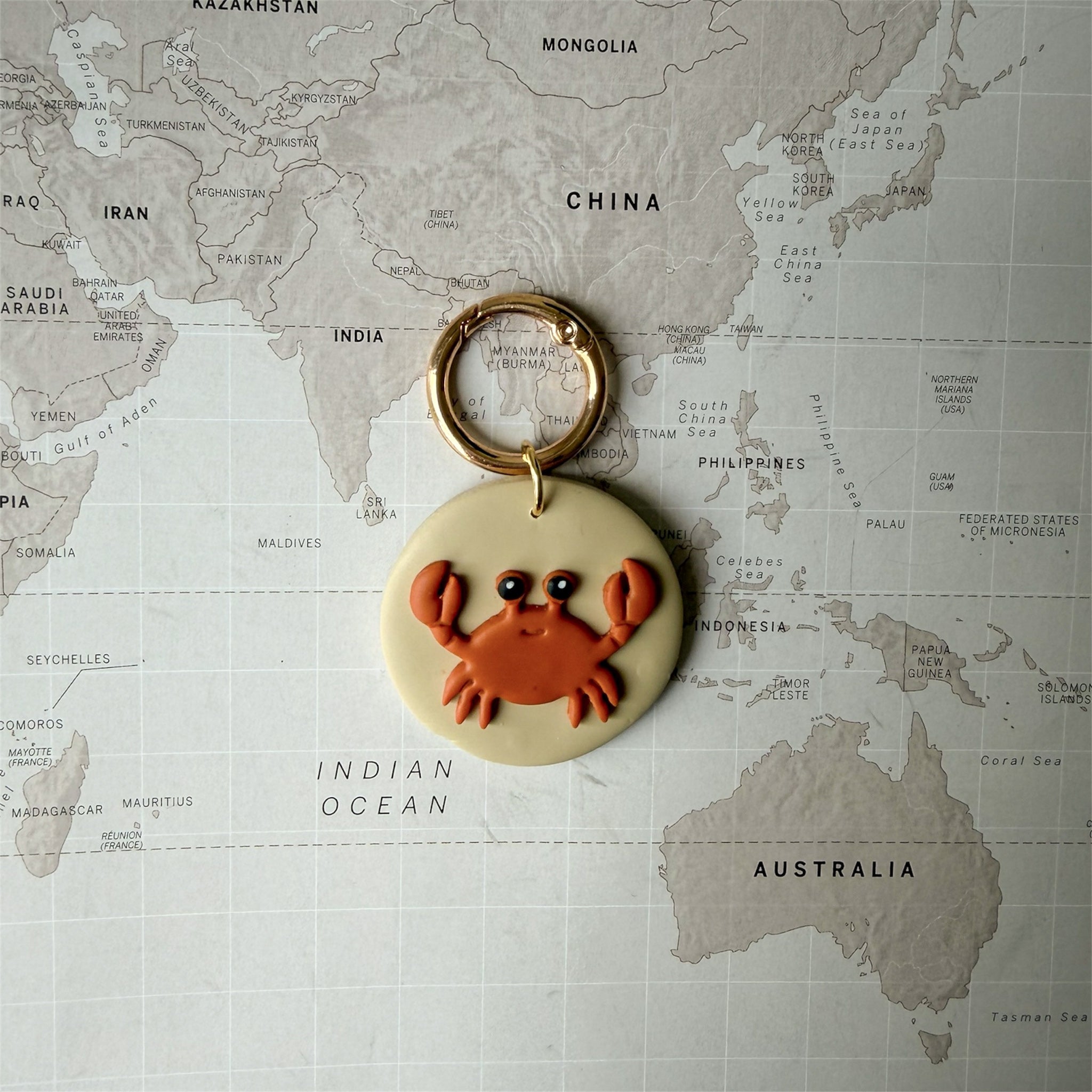 Lightweight handmade dog tag featuring a red crab on a world map background.
