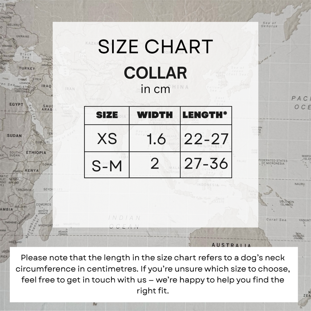 Size chart graphic for a dog collar listing, showing a size table with XS and S-M measurements in centimeters over a muted world map background, plus a note explaining neck circumference.