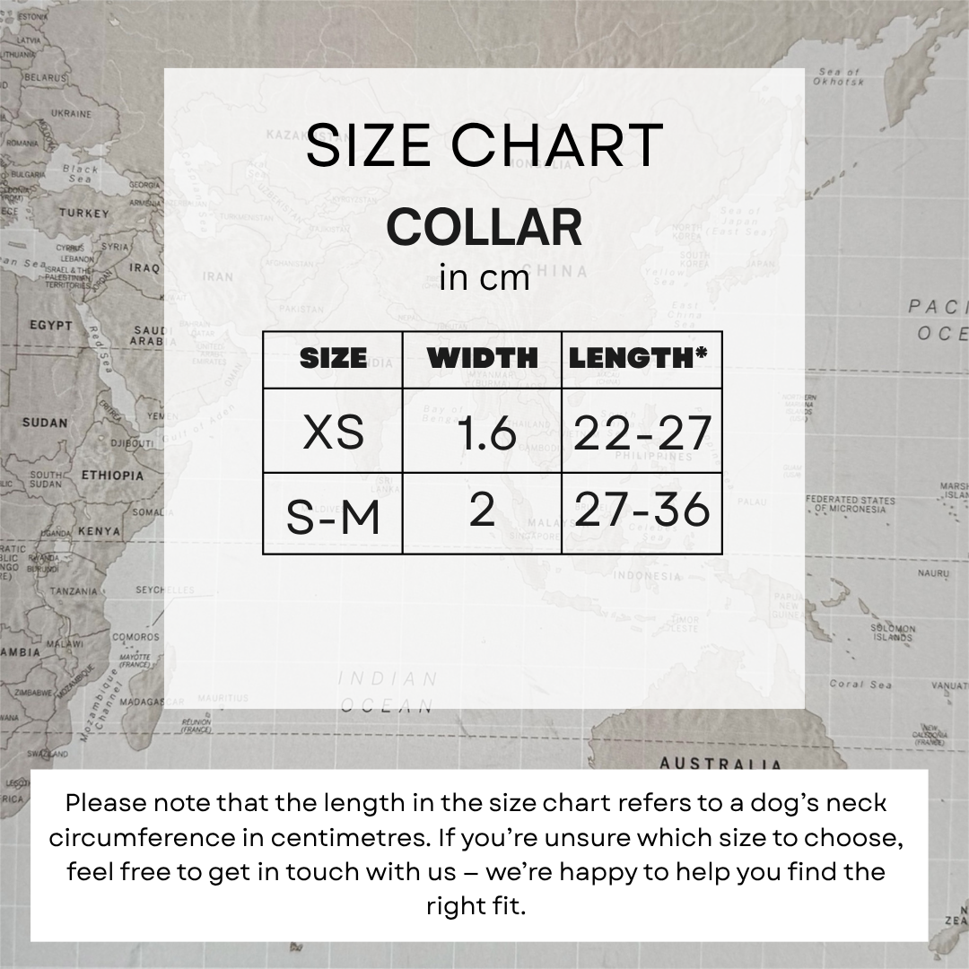 Size chart graphic for a dog collar listing, showing a size table with XS and S-M measurements in centimeters over a muted world map background, plus a note explaining neck circumference.