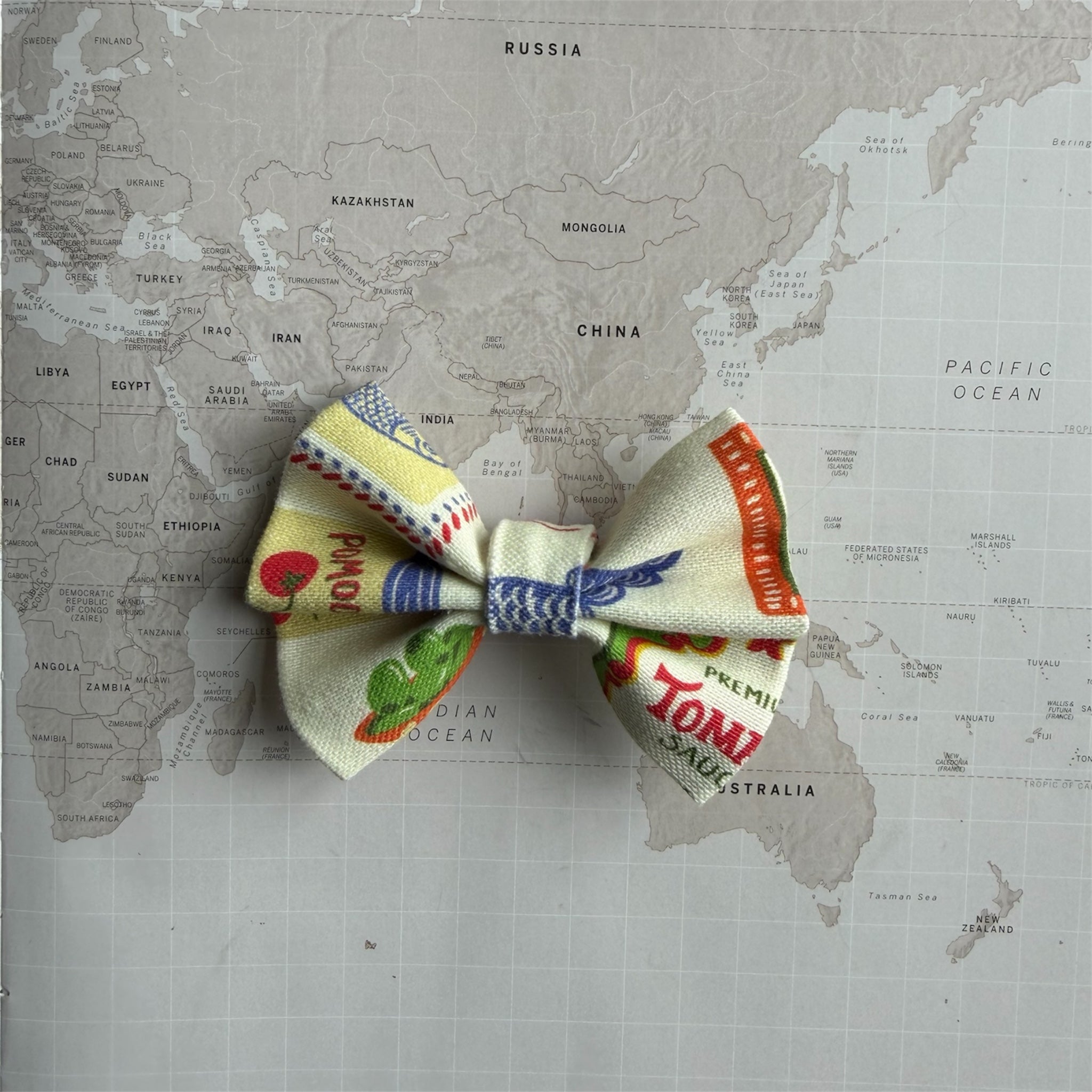 Ristorante al Mare dog bow on a black collar on a world map background.