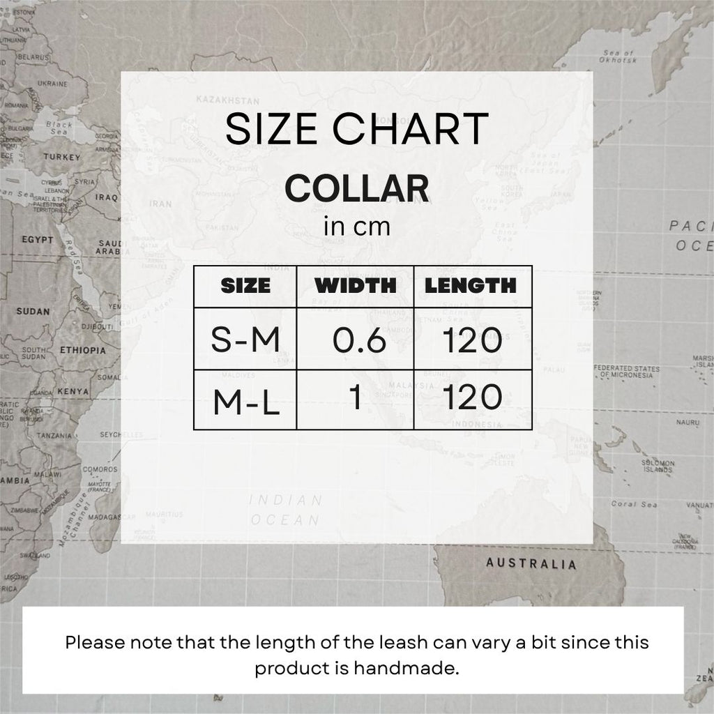 Size chart graphic for a collar, showing a table with sizes S-M and M-L, width in cm, and length in cm over a muted world map background. Text at the bottom notes leash length variation due to handmade production.