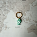 Custom polymer clay dog tag with playful green sardine design on a world map background.