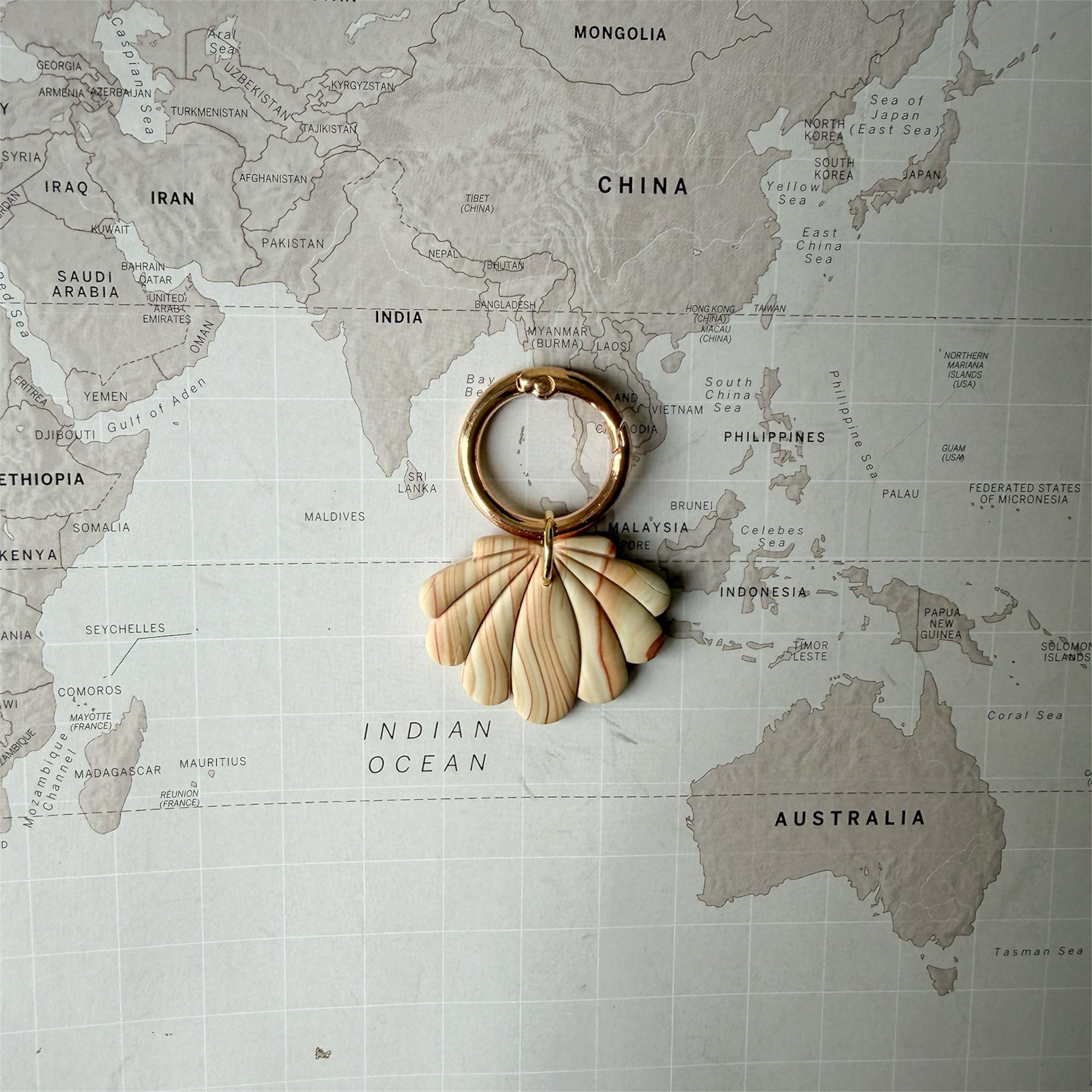 Coastal personalised dog ID tag shaped like a beige seashell on a world map background.